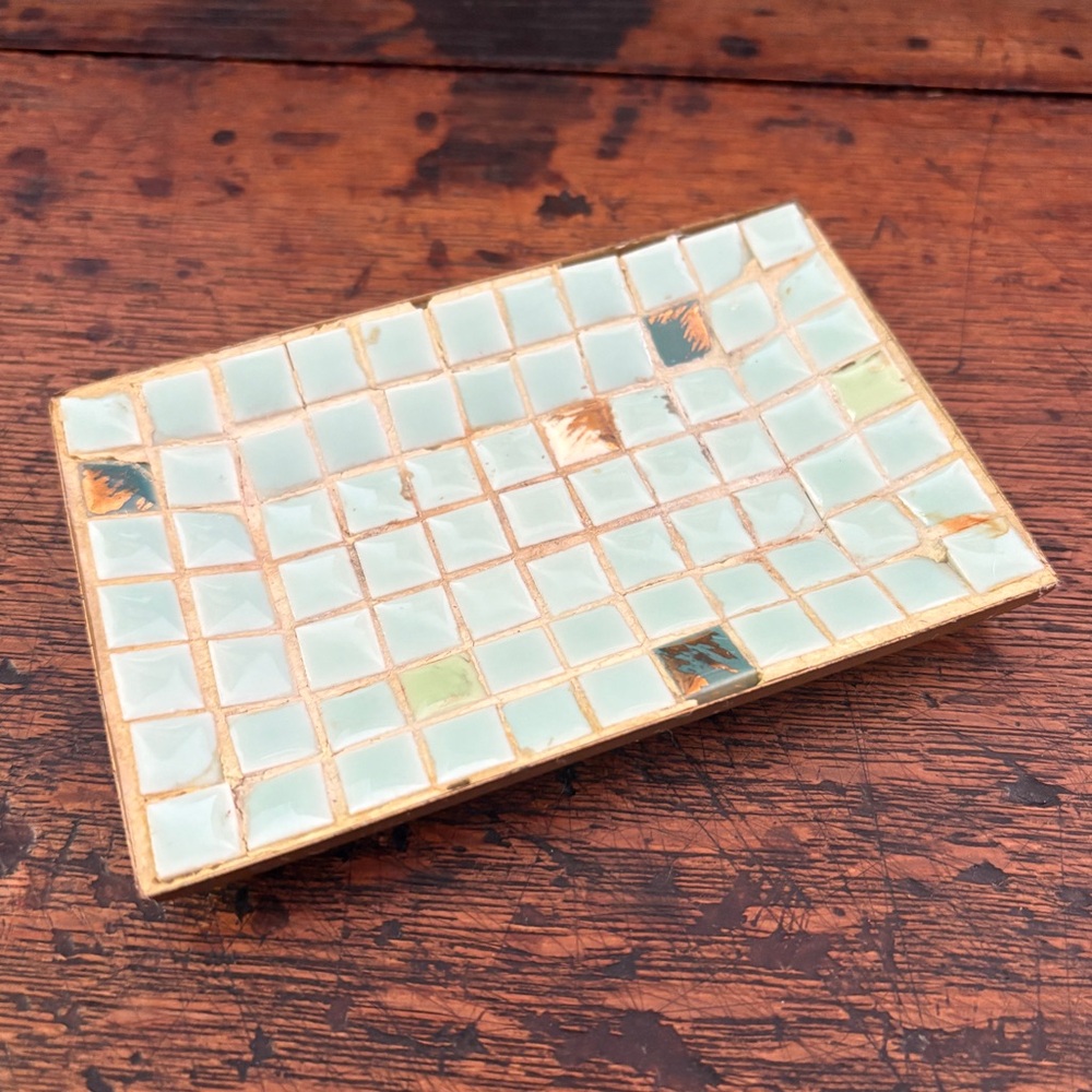 Mid-Century Aqua Mosaic Tile Trinket Tray with Gold-Tone Base